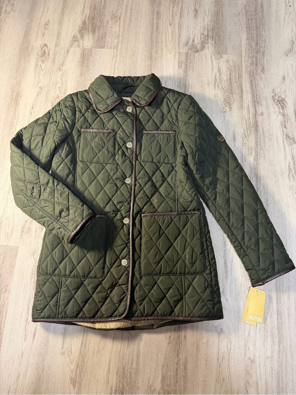 Michael Kors Olive Green Quilted Puffer Jacket with Brown Trim